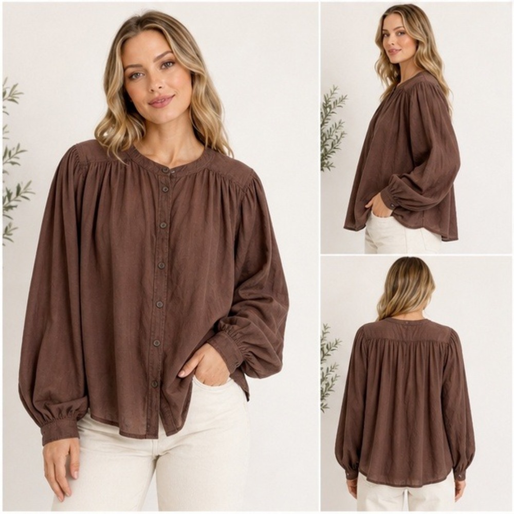 Madewell Balloon-Sleeve Shirred Crewneck Button-Up Top Roasted Chicory Gauze L